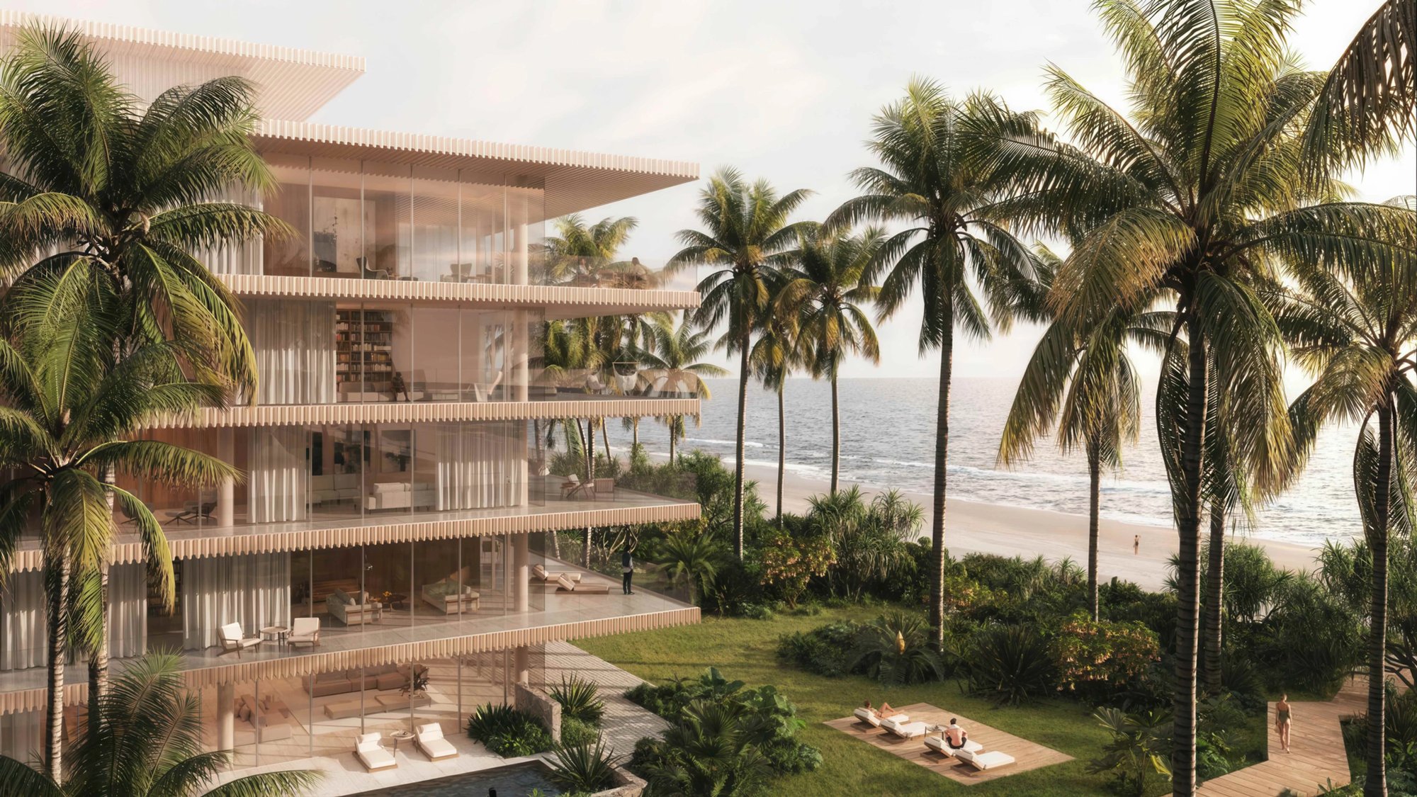 Building with beach and ocean backdrop