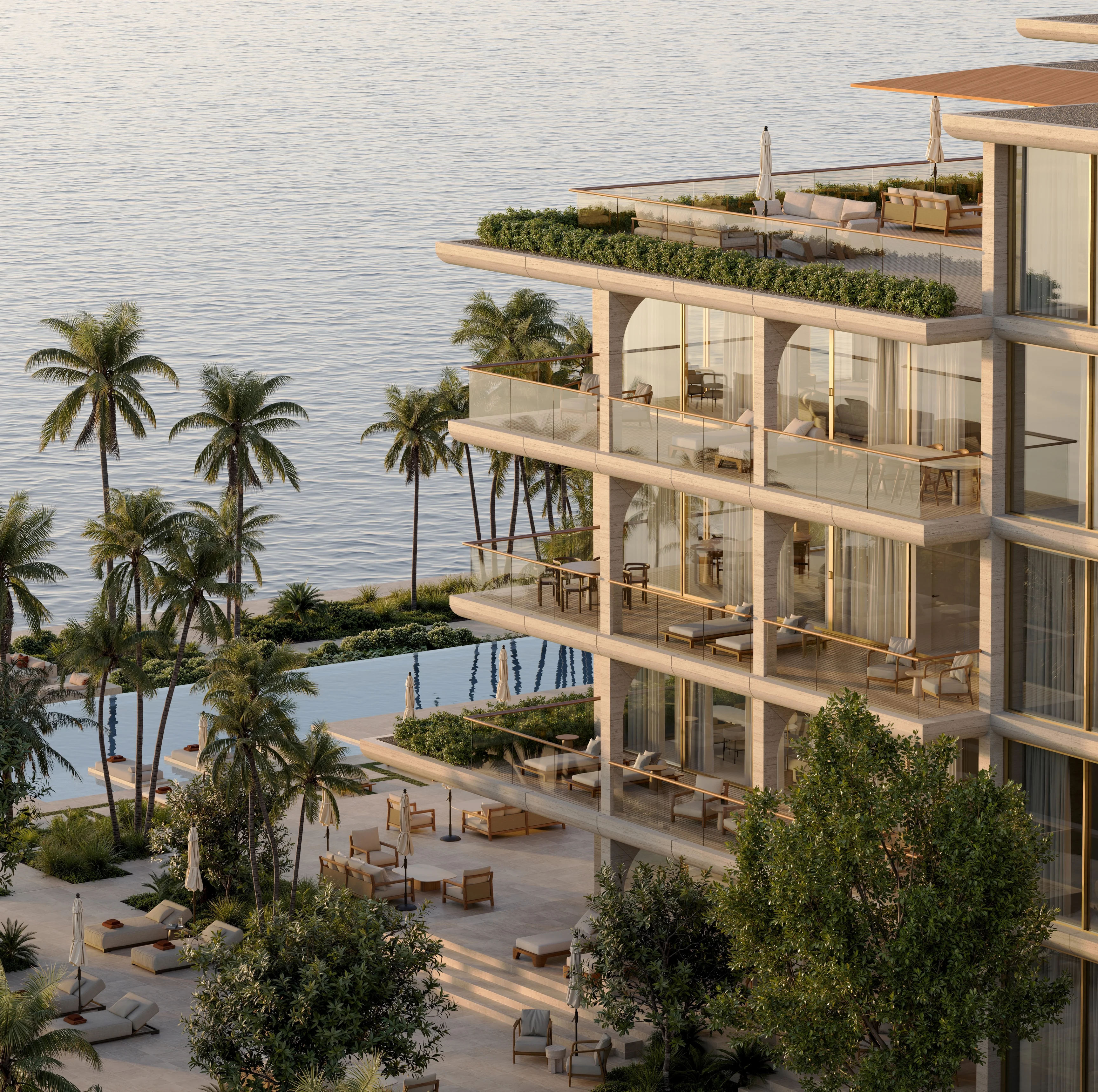 Building with beach and ocean backdrop